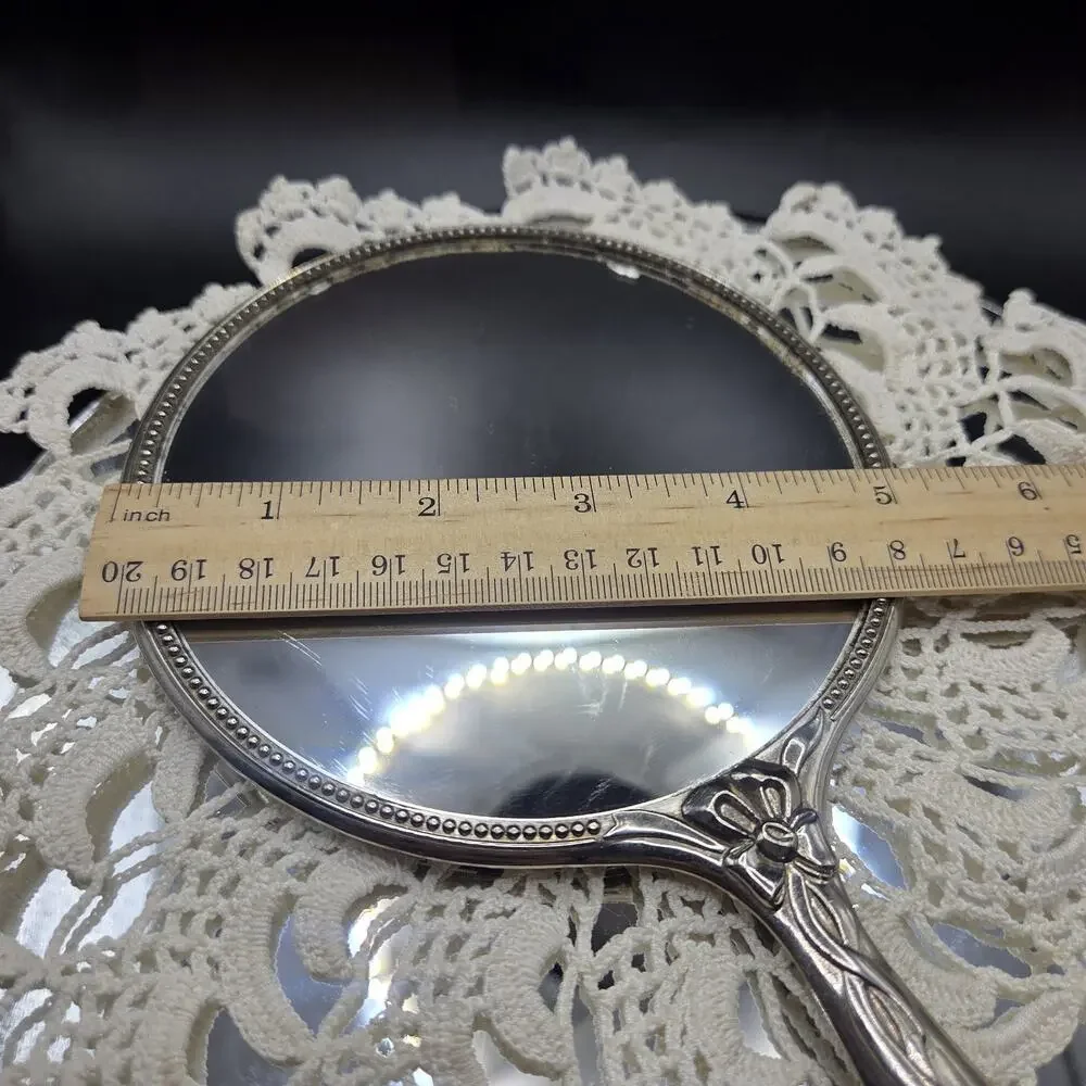 Heavy Vintage Antique Silver Plated Ornate Vanity Hand Mirror 8.75” x 5”